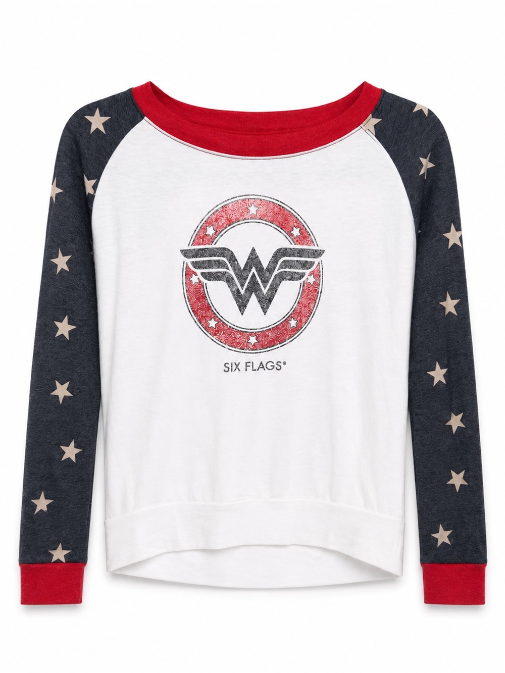 Wonder Woman Six Flags Women’s Small Star Raglan Long Sleeve Top